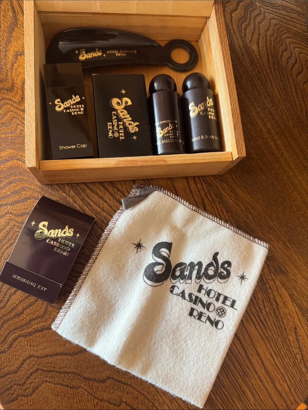 VTG Sands Hotel Casino Reno Branded Amenity Set in wooden box